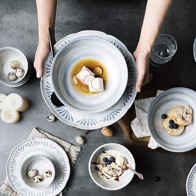 Ceramics Dinner SetsBowl/Dish/Spoon3D Baroque Embossed Texture Dinnerware SetBlue-Gray Tone Porcelain Combination Tableware Set30pieces