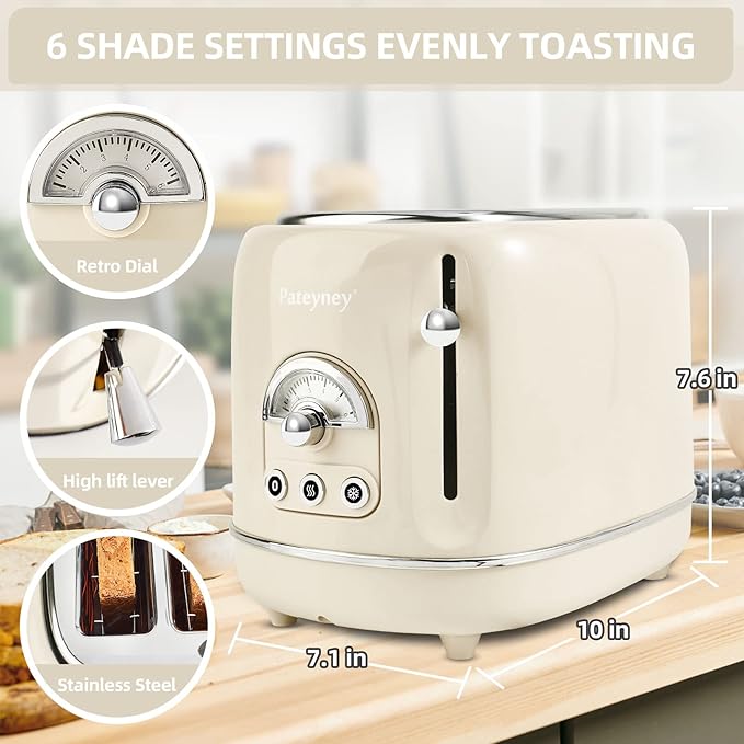 Retro Stainless Steel Toaster - 2 Slice Extra-Wide Slot 6 Adjustable Settings Removable Crumb Tray Defrost Cancel Reheat (Cream)