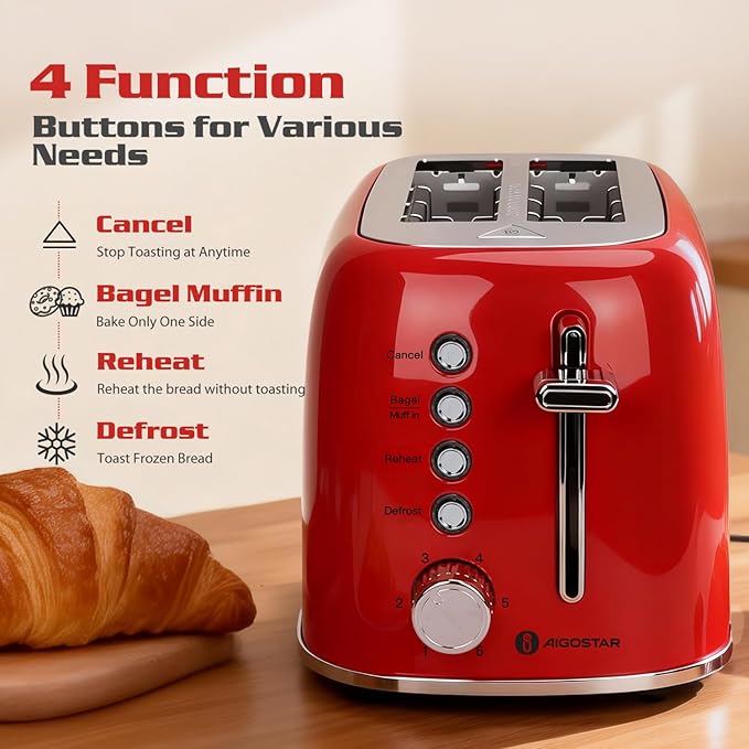 Aigostar Toaster 2 Slice Retro Extra-Wide Slot Toasters Best Rated Prime for Toasting Bagels Breads Waffles &amp More Cancel Defrost &amp 6 Browning Removable Crumb Tray Stainless Steel Red