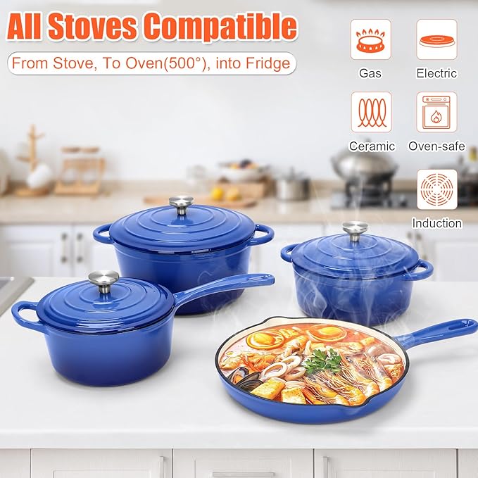 Enameled Cast Iron Cookware Set 7-Pcs Pots and Pans with Lid Skillet Frying Pan Saucepan &amp Dutch Oven for All Stovetops PFA Free - Ideal for Sourdough Bread Baking Cobalt Blue
