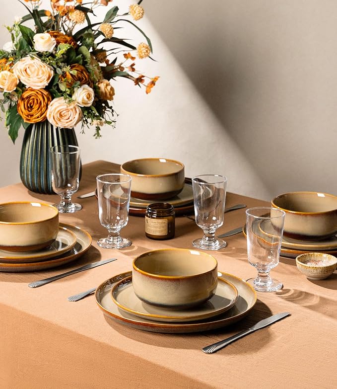 TheTerra Ceramic Dinnerware Sets for 4 12 Pieces Handmade Reactive Glaze Plates and Bowls Set Scratch Resistant Dish Set Oven &amp Microwave &amp Dishwasher Safe Creamy Amber