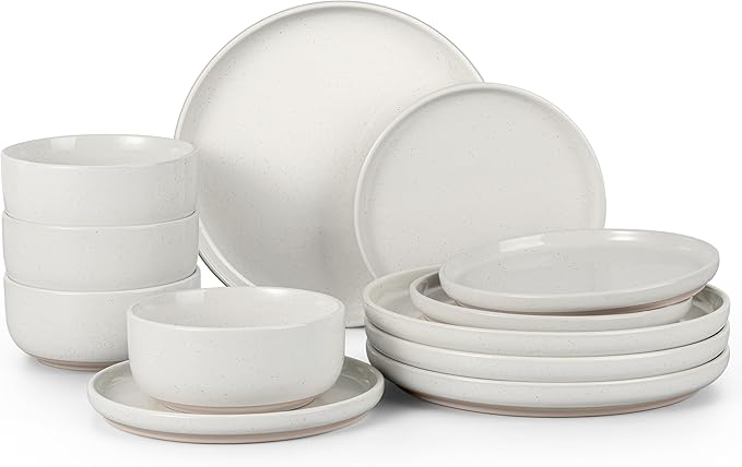 HaWare Stoneware Dinnerware Sets 12-Piece Plates and Bowls Set for 4 Dishes Set for Home Restaurant Speckled Milky White