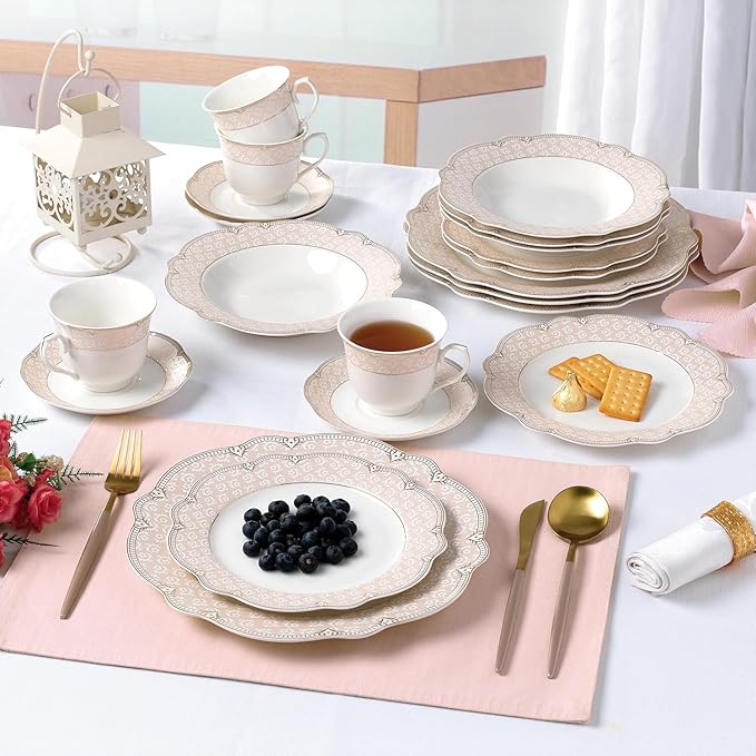 Bone China Dinnerware Set Alexandra 4-person 20-piece Blush Pink and Gold Color