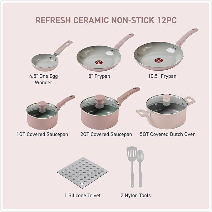 T-Fal Refresh Ceramic Nonstick Cookware Set 12-Piece Ceramic Pots and Pans Set Oven Safe to 350°F Includes Stockpot Griddle Frying Pans &amp Utensils Dusty Rose