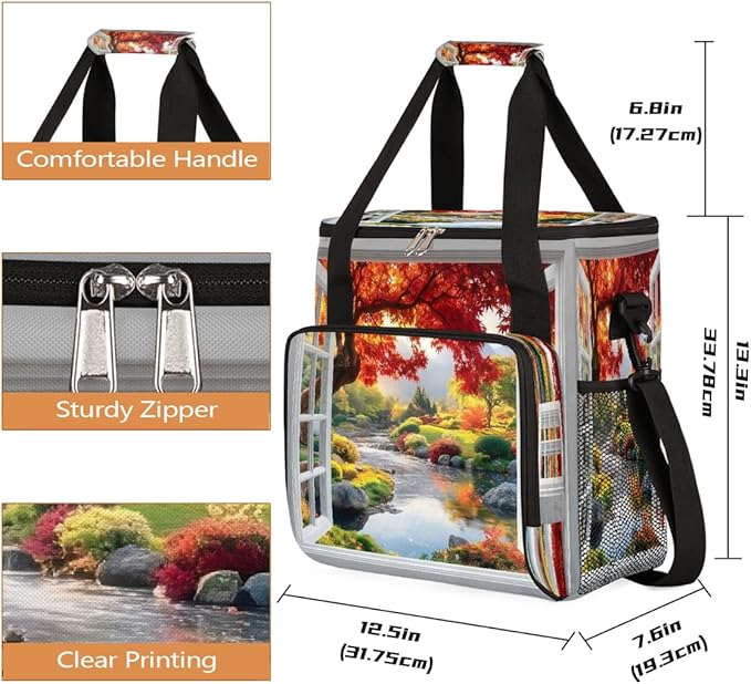 Window Scenery Maple Leaves Lake Coffee Maker Carring Bag Travel Carrying Storage Tote Bag Compatible with Keurig K-Mini or K-Mini Plus Portable Single Serve Coffee Brewer Case with Pockets
