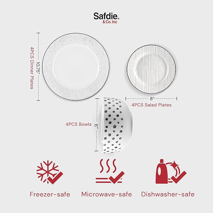 Safdie &amp Co. 12-Piece Black &amp White Sketch Dinnerware Set Porcelain Includes Plates Bowls and Serving Dishes Dishwasher Safe
