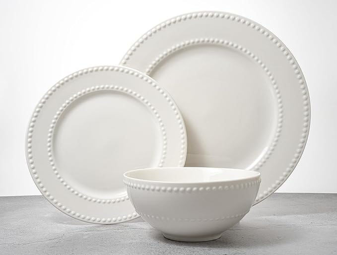 New Bone China 12 Piece Dinnerware Set Santorini Collection (Beaded) White Daily Use China Embossed Tableware Service for 4