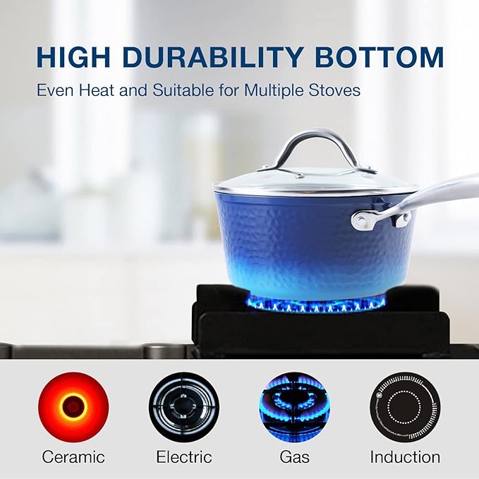 MAISON ARTS Kitchen Cookware Sets - 15 Piece Nonstick Pots and Pans Sets with Granite Hammered for Induction &amp Dishwasher Safe Oven Stovetop Blue