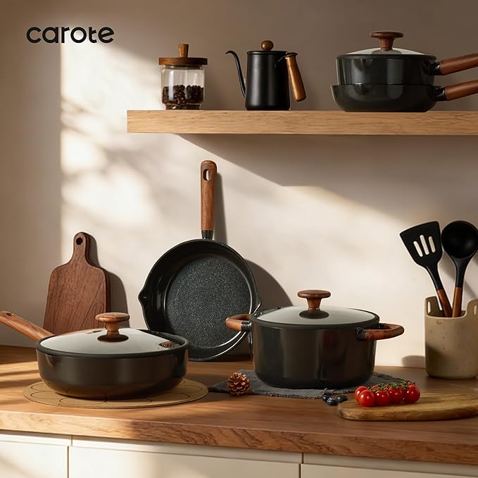 CAROTE 21pcs Cookware Set Nonstick Pots and Pans Set Ceramic Cookware Set Induction Cookware Non toxic Healthy Non Stick Kitchen Cooking Set PFAS PTFE Free Black