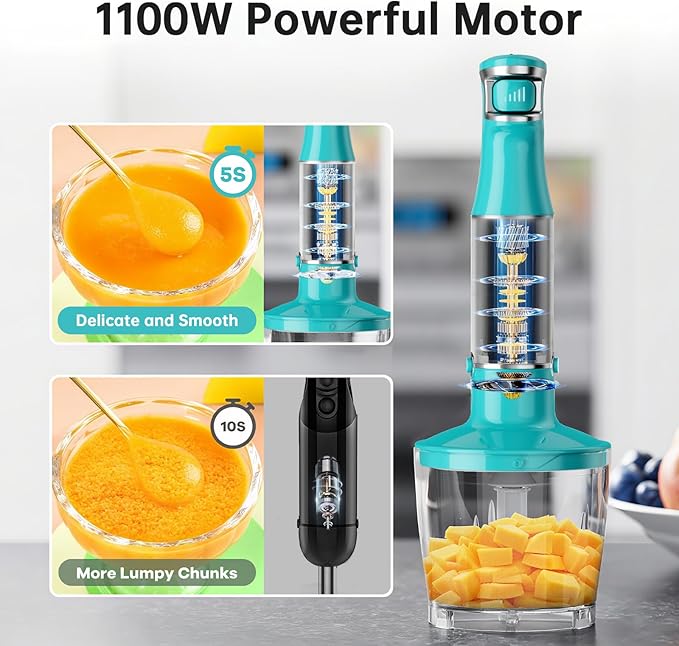 Immersion Blender Handheld Corded Hand Blenders Set 1100W Trigger Variable Speed 5 in 1 Stick Emulsifier with Chopper Whisk and Frother for Soup Baby Food and Smoothies Cyan Blue