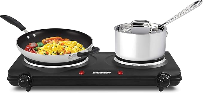 Elite Gourmet 6-Cup Rice Cooker and 1500W Double Burner with 6.5 &amp 6 Cast Iron Plates
