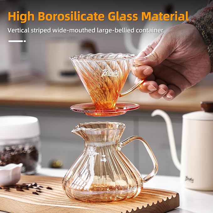 Bincoo Pour Over Coffee Maker Set650ML Borosilicate Glass Carafe with Coffee Driper&amp50pcs Paper FilterGlass Coffee Maker for Home Café Restaurant(Champagne)
