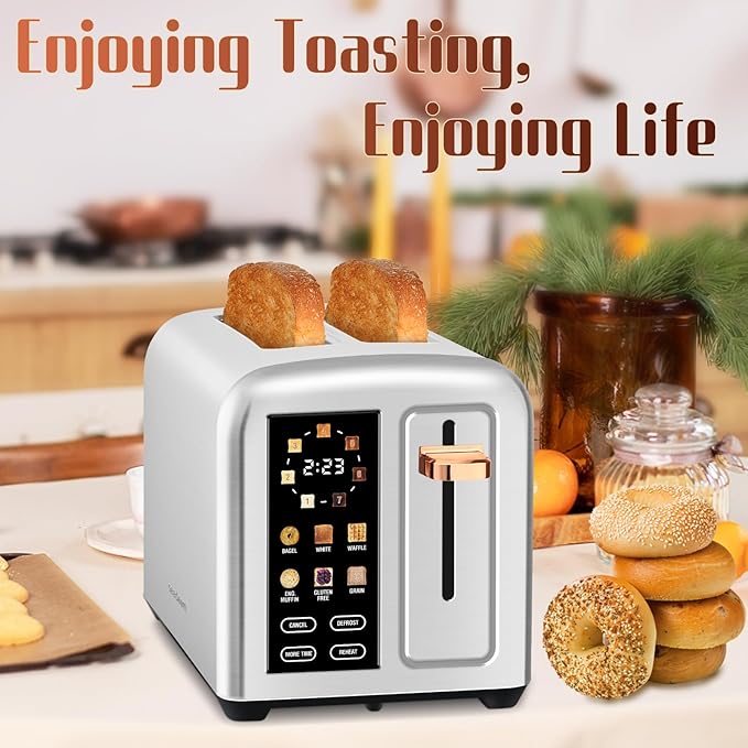 SEEDEEM Toaster 2 Slice with Touch Screen Faster Heating Speed 7 Shade Setting 6 Bread Type 1.5”Wide Slots Toaster Removable Crumb Tray 1350W Silver Metallic
