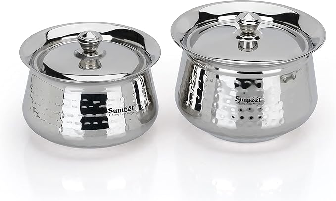 Sumeet Stainless Steel Handcrafted Hammered Texture Handi Set with Lid for Kitchen Set of 2 950ml &amp 1300ml Silver