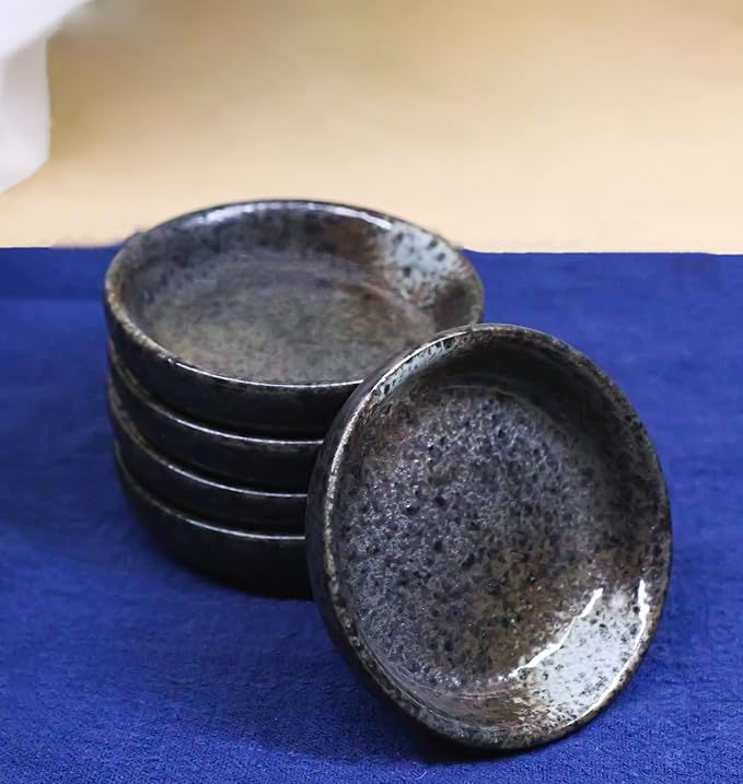 Ebros Gift Artistic Charcoal Grey Tone Hakumu Porcelain Collection Dinnerware Serveware Kitchenware Set Asian Japanese Restaurant Supply (Pack Of 6 Round Condiment Sauce Dishes 1.5oz)