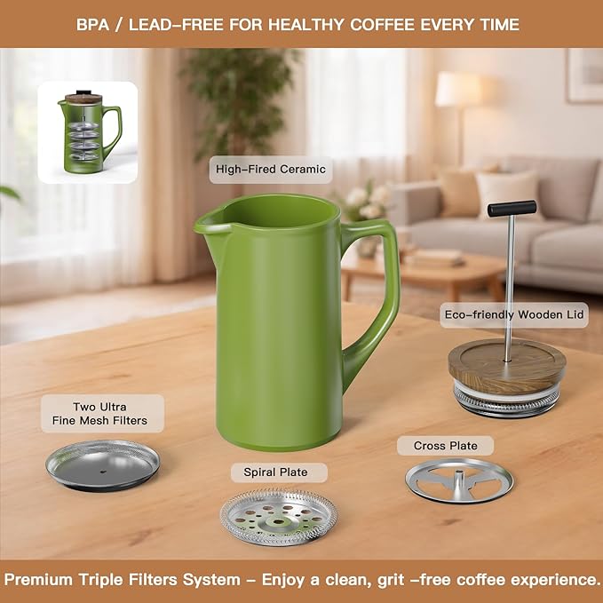 DHPO Ceramic French Press Coffee Maker 22oz Single Serve Coffee Press with Walnut Wood Lid Lead-Free Food Grade Stainless Steel Filter with Dual Screen for Coffee and Loose Tea Green
