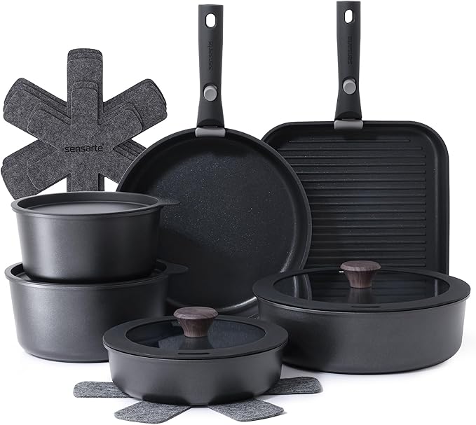 SENSARTE 17 Piece Pots and Pans Set Nonstick Detachable Handle Cookware Set Induction Kitchen Cookware Set with Removable Handle Healthy Non Stick for RV Dishwasher ＆ Oven Safe PFOA Free (Black)