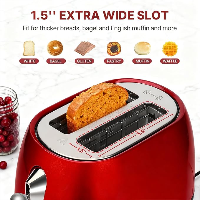 Toaster 2 Slice Smart Touch Screen Retro 1.5'' Extra Wide Slot Stainless Steel Digital Bread Toaster with Memory Function Bagel Defrost 6 Browning Levels and Removable Crumb Tray Red