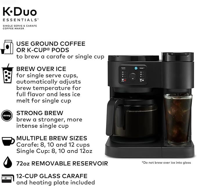 Hot &amp Iced Single-Serve Kcup Pod Coffee Maker with 12-Cup Carafe 72oz Water Reservoir Brew Over Ice Strong Brew Multiple Sizes Programmable Compact Coffee Machine for Home &amp Office (Blac