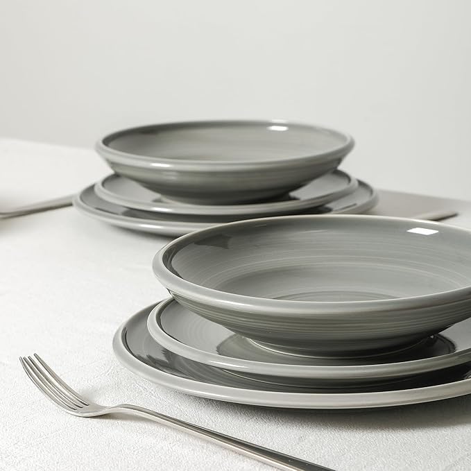 Earth &amp Clay Harmony 24-Piece Dinnerware Set Stoneware Plates and Bowls Set Includes Dinner and Salad Plates Cereal Bowls Dishwasher and Microwave Safe Dishes for 8 Grey