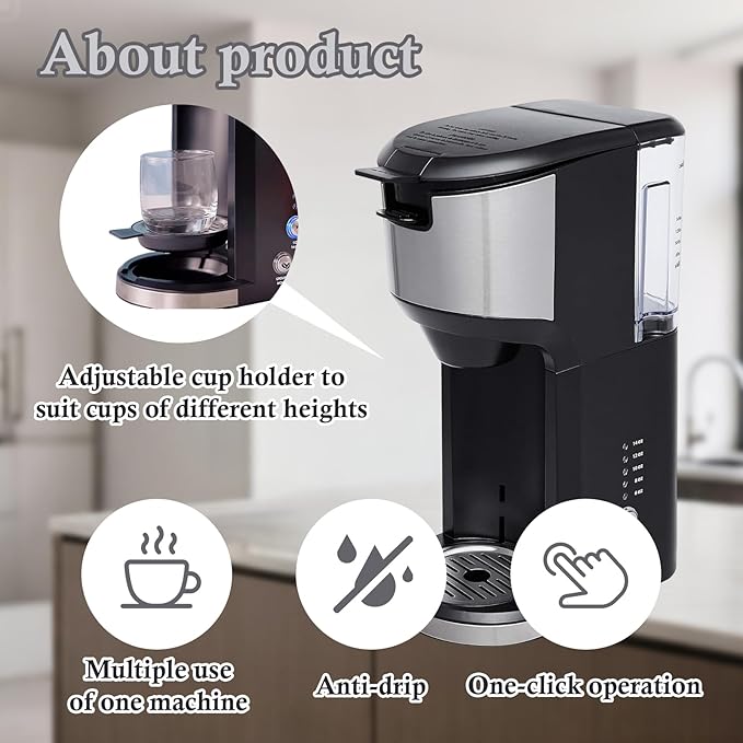 Single Serve Coffee Maker K Cup and Ground Coffee Brewer 14 oz Personal Coffee Maker with 24 oz Water Reservoir Auto-Shutoff Compact Small Coffee Machine for Home &amp Office