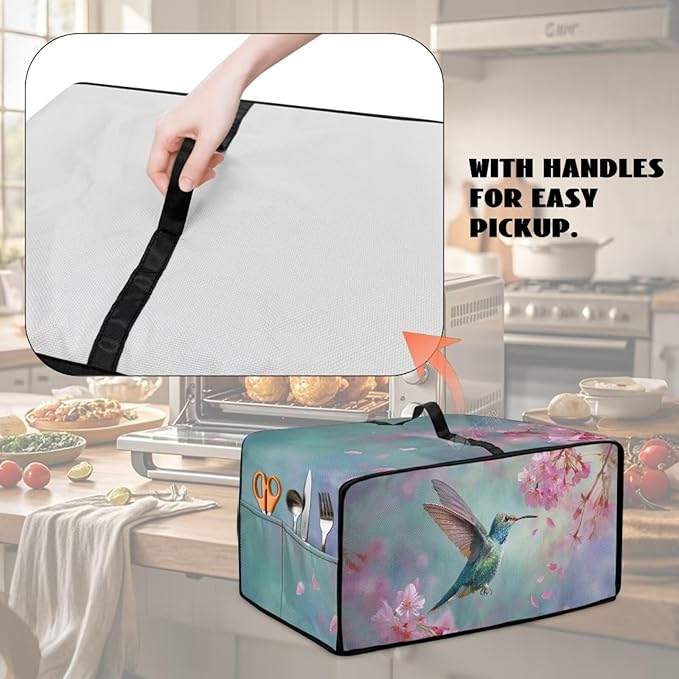 Hummingbird Flower Print Toaster Oven Dust Cover Heavy Duty Toaster Smart Oven Dust Cover with Accessory Pockets M