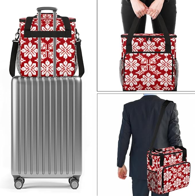 Christmas Snowflake Coffee Maker Carrying Bag Red Ethnic Pattern Travel Storage Bag Compatible with K-Mini or K-Mini Plus Single Serve Coffee Brewer Carrying Case with Pockets &amp Shoulder Strap