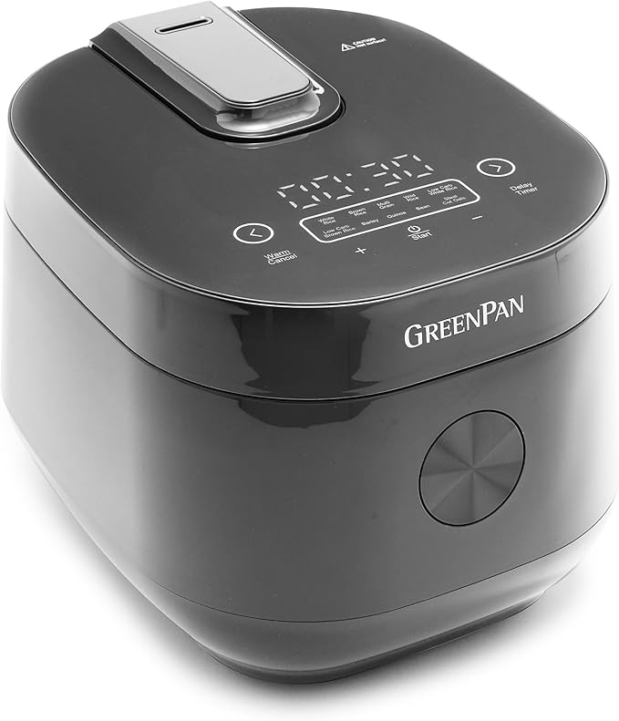 GreenPan Carb Reducing Electric Rice Cooker 4 Cups Uncooked/8 Cooked Rice 10 Presets LED Display Healthier Meals Delay Timer PFAS-Free Ceramic Nonstick Removable Bowl Cool Touch Steam Graphit