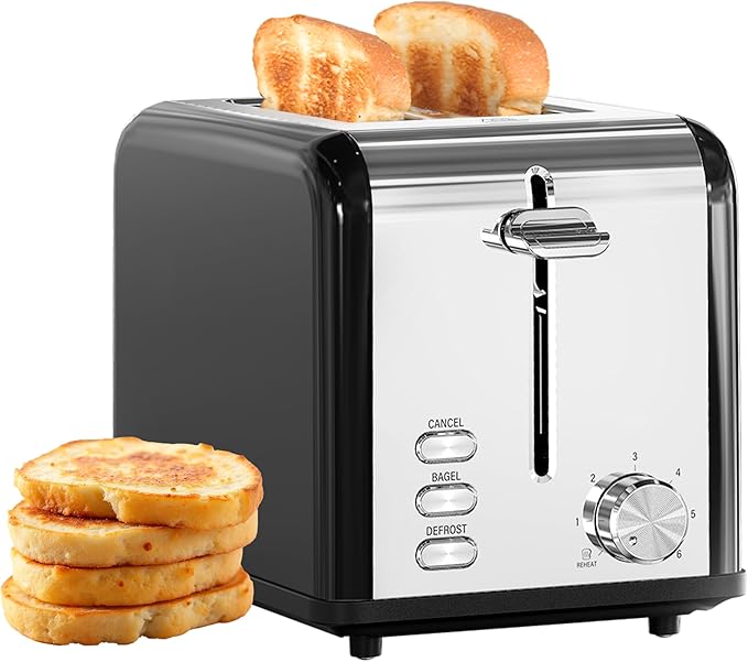 Simple Deluxe 2-Slice Stainless Steel Toaster Extra Wide Slot &amp Removable Crumb Tray 6 Browning Setting and 3 Function Toaster for Bread &amp Waffle Black