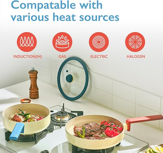 Danish 9-Pieces Forged Cookware Set with Lid Kitchen Nonstick Ceramic Coating Pot Saucepan Skillet Multi Frying Pan Induction Compatible Kitchenware Soup Noodle Stew Tamagoyaki Made in Korea