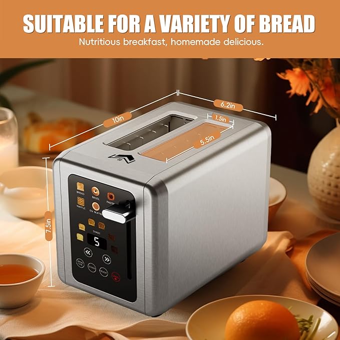 2 Slice ToasterTouchscreen &amp Dual Independent Control Panel5 Basic Functions &amp Digital Countdown Toasters6 Shade Settings＆6 Bread TypesSmart Bread Maker Mute/Screen-OffTitanium