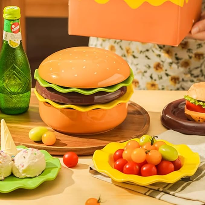 Ceramic Bowls &amp Plates Sets Cute Hamburg Style 5-Pieces Dinnerware Sets Dinner Dessert Plates &amp Cereal Bowls with Lid Sets. Novel Tableware Gift.