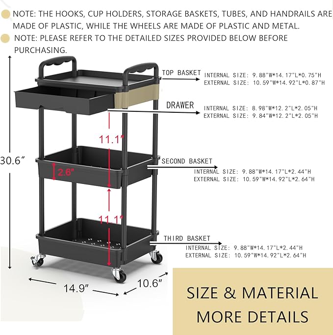 Goovilla 3 Tier Rolling Utility Cart Organizer with Removable Drawer Stable and Sturdy Black Rolling Storage Carts with 2 Lockable Wheels for Bathroom Kitchen Snack Craft Makeup Baby Essentials