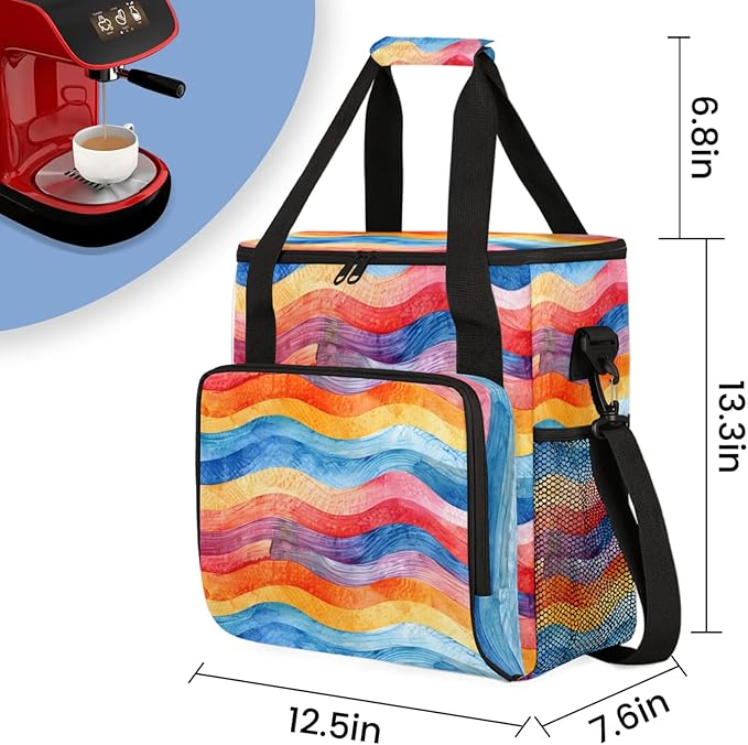 Wavy Striped Coffee Maker Travel Bag for Keurig K-Mini/K-Mini Plus Insulated Waterproof Tote with Pockets for K-Cup Portable Single-Serve Brewer Case