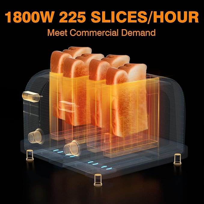 PYY Toaster Commercial 4 Slices- 225 Slices/Hour 1800W Pop Up Wide Slots 1.57 inch Stainless Steel 6-Level Setting