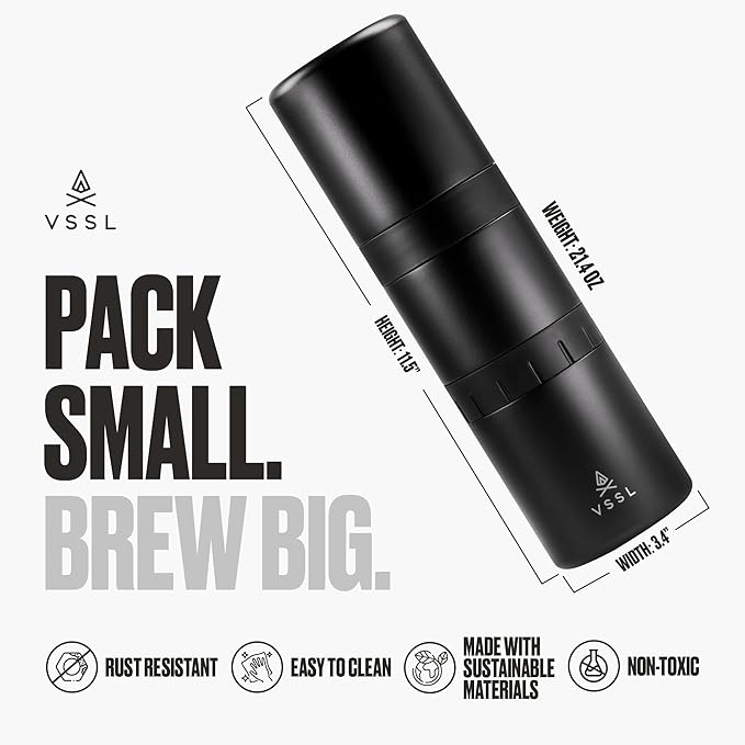VSSL - Nest Pour Over Coffee Kit | Coffee Maker for Camping | All-In-One Travel Pour Over | Transportable Dripper Two 10oz Stainless Steel Travel Mugs | Compact Storage &amp Adventure Ready | Black