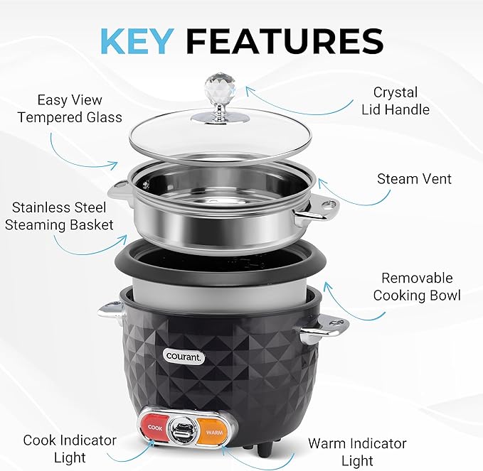 Courant 10-Cup (Cooked) / 5-Cup Uncooked Rice Cooker and Steamer with One-Touch Operation Automatic Keep Warm Function and Chrome Accents Black