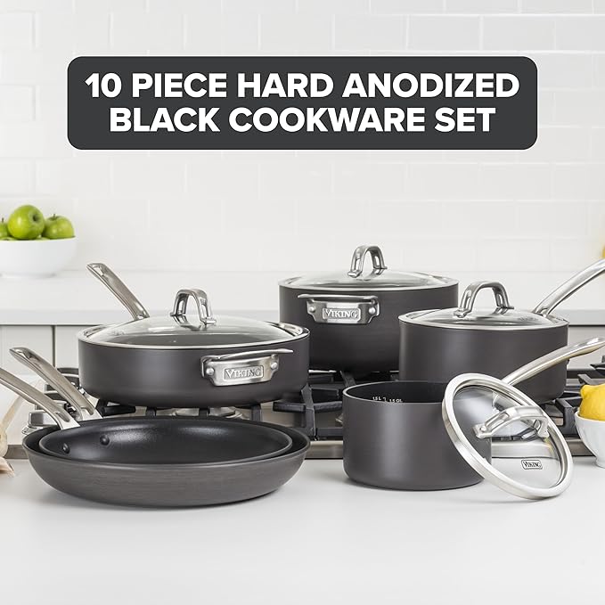 Viking Pots and Pans Set Non Stick 10 Piece Hard Anodized Kitchen Cookware with Glass Lids Black