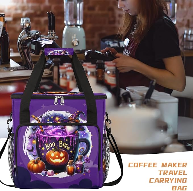 Halloween Potion Pumpkin Gnome Coffee Maker Carring Bag Travel Carrying Storage Tote Bag Compatible with Keurig K-Mini or K-Mini Plus Portable Single Serve Coffee Brewer Case with Pockets