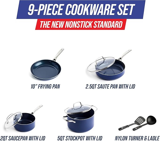 Blue Diamond 9 Piece Nonstick Cookware Set Diamond Ceramic Pots &amp Pans Dishwasher &amp Metal Utensil Safe Non Toxic PFAS-Free Kitchen Cooking Sauce &amp Saute Pans Oven &amp Broiler to 600