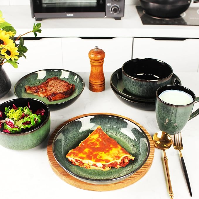 Dinnerware Sets(12Pcs) Serves for 4 Reactive Glaze Plates and Bowls Set with Mug8.3Salad Plates5.5bowls Modern kitchen tableware Microwave safe Set No.8