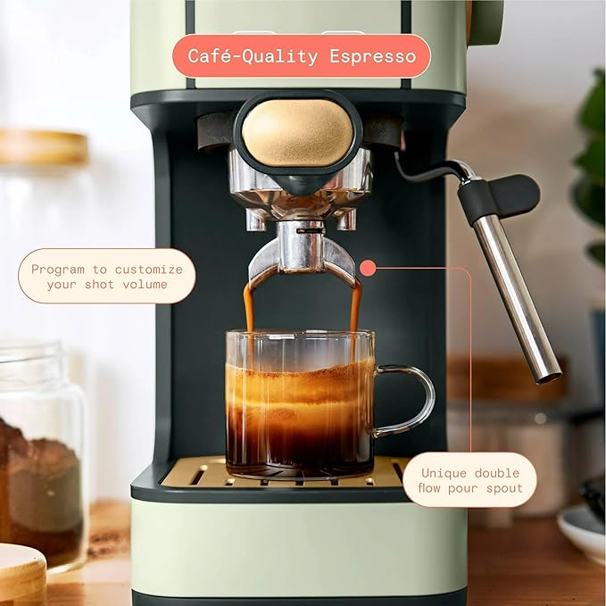 B Slim Espresso Maker by Drew Barrymoree with 20-Bar Pressure Touch-Activated Display and Steam Wand for Latte &amp Cappuccino (Sage Green)
