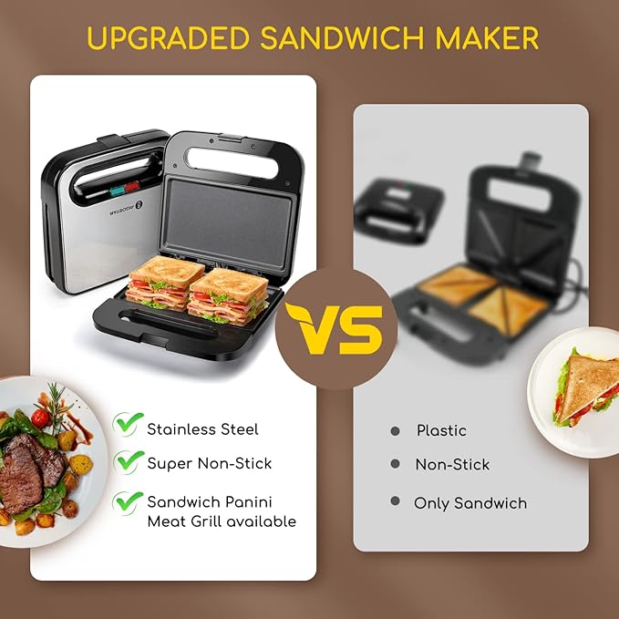 Aigostar Sandwich Maker Non-Stick Panini Press Sandwich Maker Breakfast Grilled Cheese Maker Stainless Steel Tostadora de Pan Toaster 4 Slice Wide Slot Toasters with Bagel Reheat Cancel