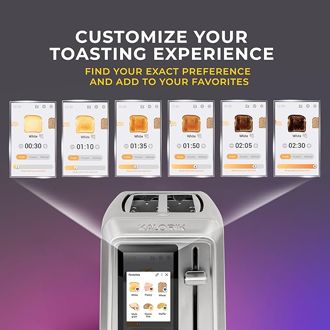 Kalorik Toaster VIVID TOUCH Series 2-Slice with Large High-Resolution Touchscreen and Customizable Cooking Presets by Bread Type Features Wide Slots and High Lift Lever 1000-Watts Stainless Steel
