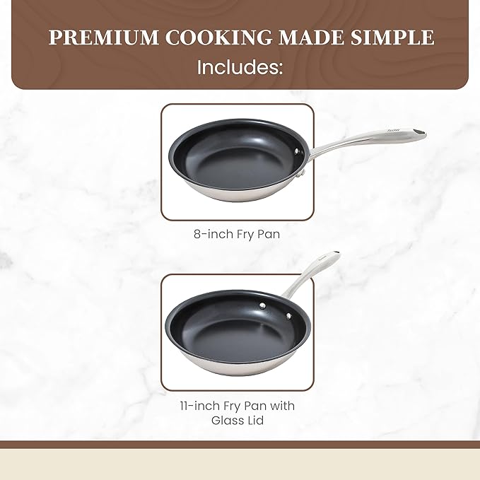 Non Stick Frying Pans - Tuxton Home Concentrix 2-Piece Stainless Steel Pan Set - Stove &amp Oven Compatible 8-inch &amp 11-inch Ceramic Frying Pan with Riveted Handles - Cayenne Red Nonstick Pan Set