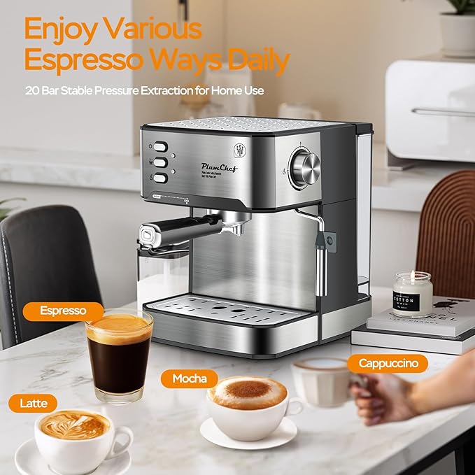 20 Bar Professional Espresso Machine with Milk Frother Dual Shot ESE Pod Compatible 54 OZ Removable Water Tank for Home BaristaSilver