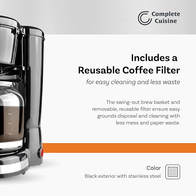 CC-1203-12C 12-Cup Coffee Maker Stainless-Steel Coffee Maker with Glass Coffee Pot Carafe and Reusable Coffee Filter