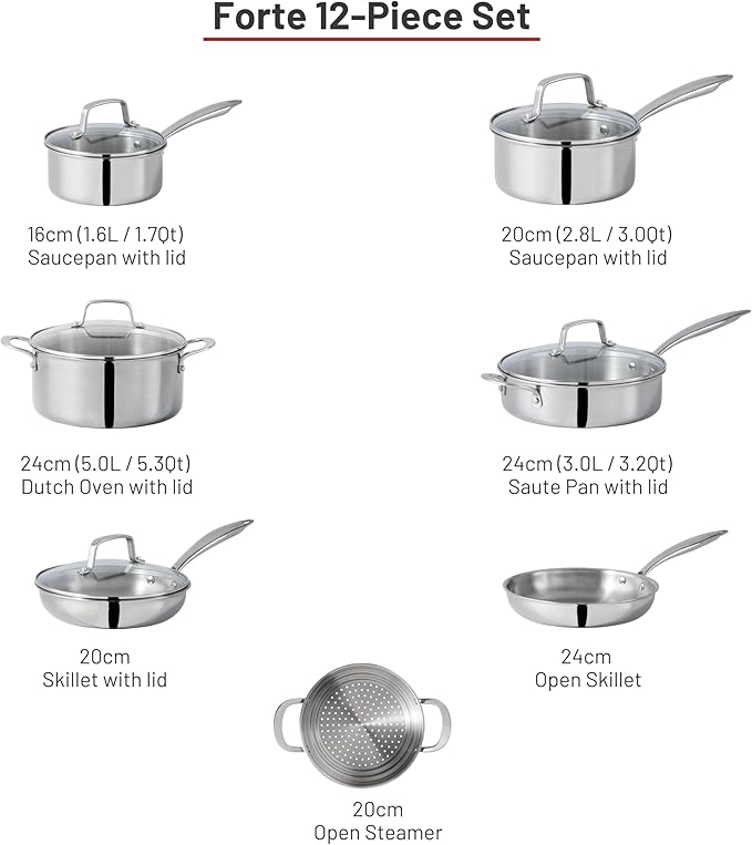 Lagostina 3 Ply Clad 12-pc Cookware Set  Stainless Steel Pots and Pans stay-cool cast stainless steel handles tempered glass lids Induction safe Oven Safe 500°F without the lids