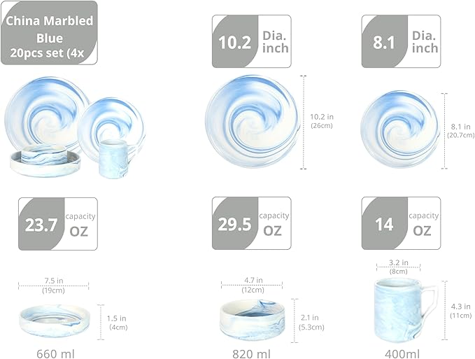 20 Piece Plates and Bowls Sets Fine China Artisan Marbled Dinner Set for 4 Dishwasher Safe Dinnerware Set Scratch Resistant Blue