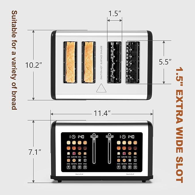 4 Slice Toaster Touch Screen Stainless Steel Toasters Digital Timer Dual Control Panel Toasters 8 Shade Settings 6 Bread Types for Bagel Cancel Defrost 1650W Black